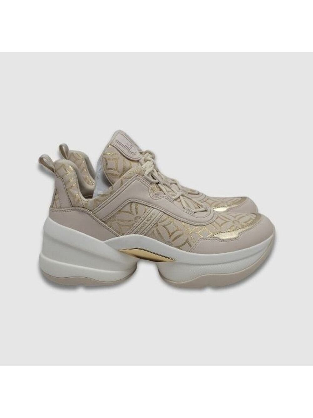 Michael Kors Olympia Metallic Logo Jacquard Trainer Cream Gold Women's 10M NIB - Picture 5 of 13